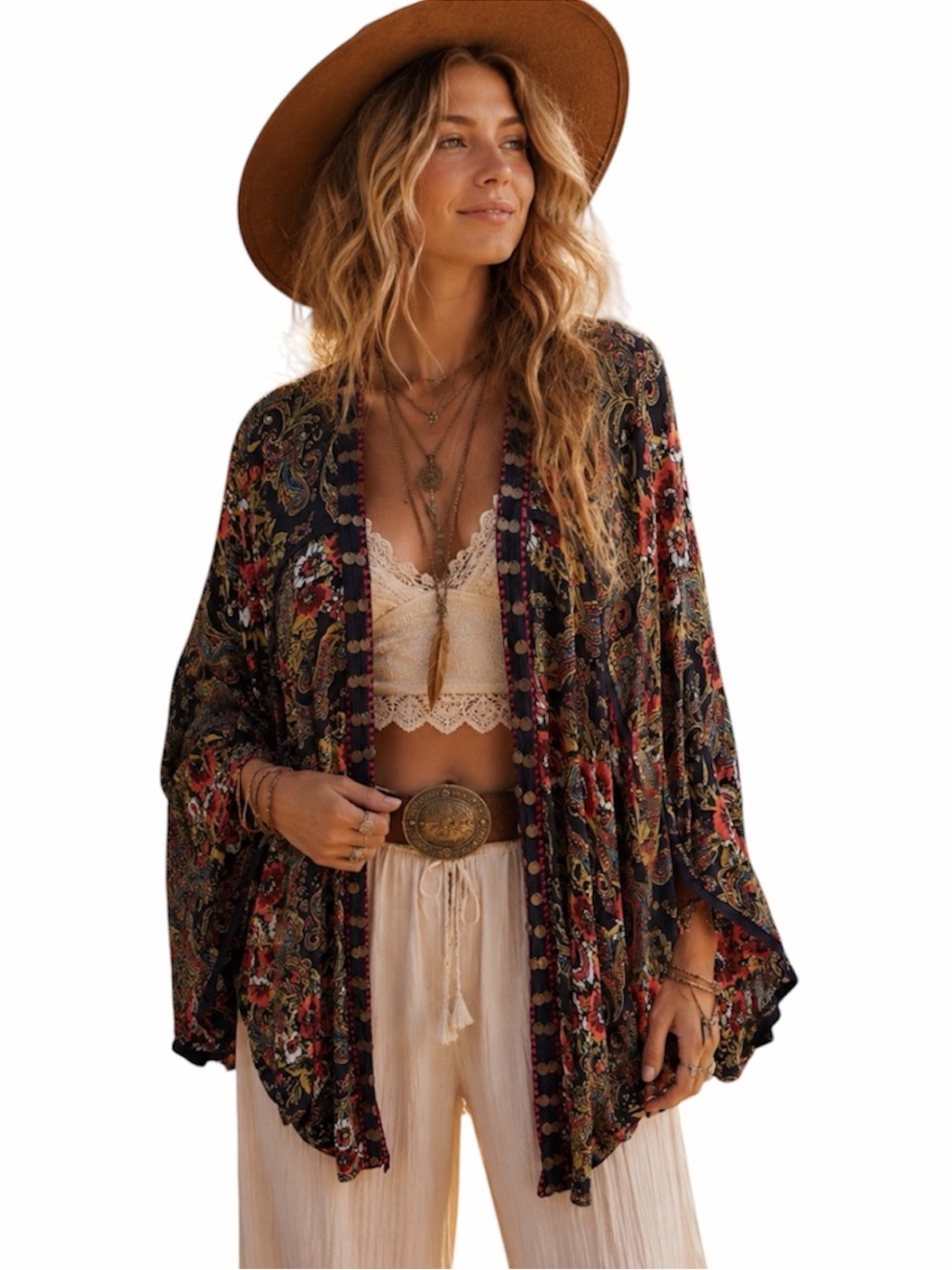 Curations Bohemian Floral Paisley Open-Front Kimono Jacket